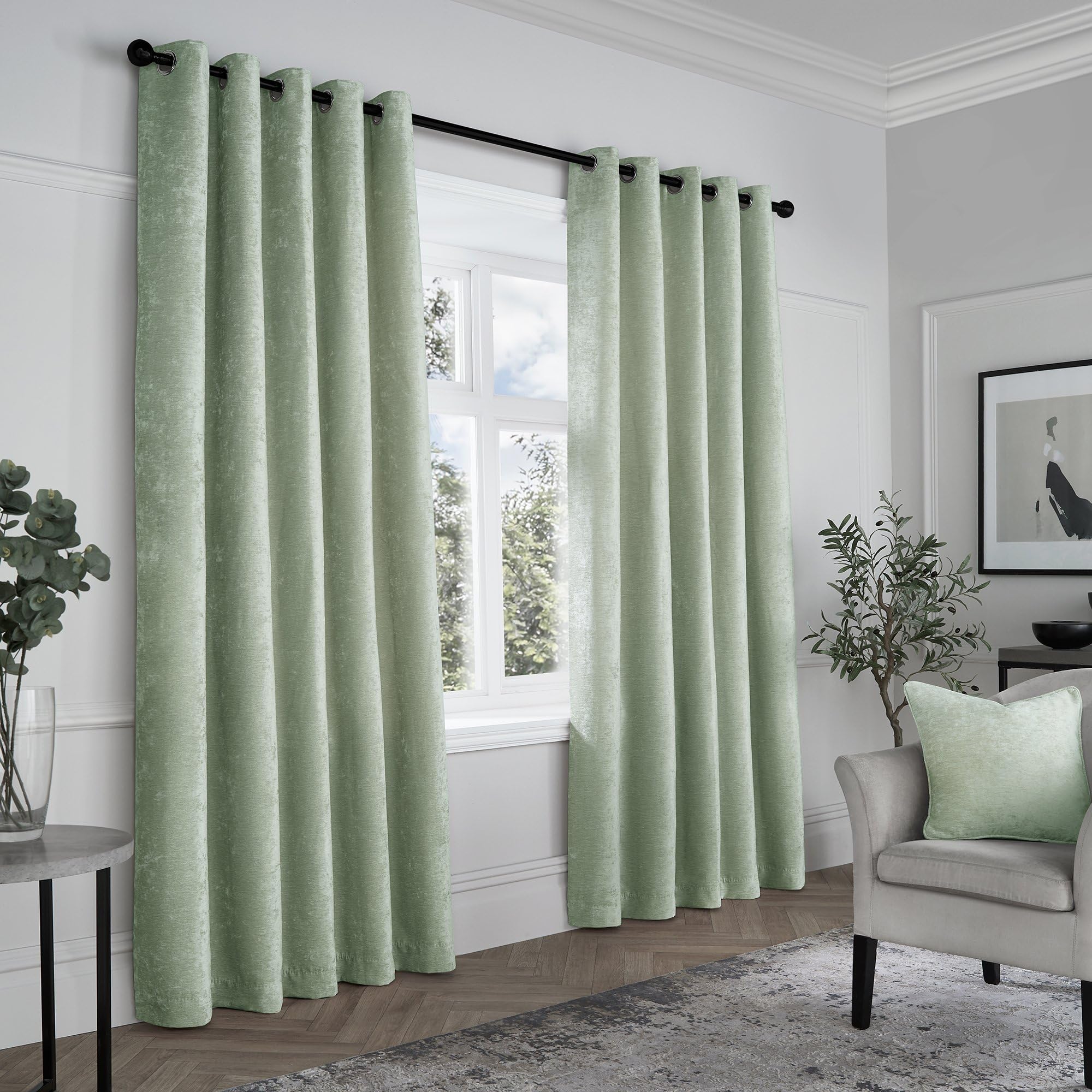 Curtina - Sage Green Woven Curtains W66 x L72" (168 x 183cm) - Light Green Eyelet Curtains - Textured Chenille Curtains in Green - Luxury Curtains & Drapes for Bedroom/Living Room - Weave Drapes