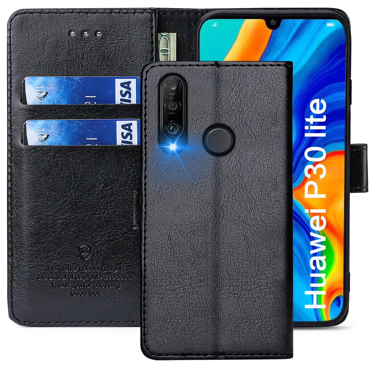FMPCUON Case For Huawei P30 Lite,High-grade Leather Flip Wallet Phone Case Cover for Huawei P30 Lite Inches [Card Slots] [Kickstand] [Magnetic Closure]-(Black) — image 1