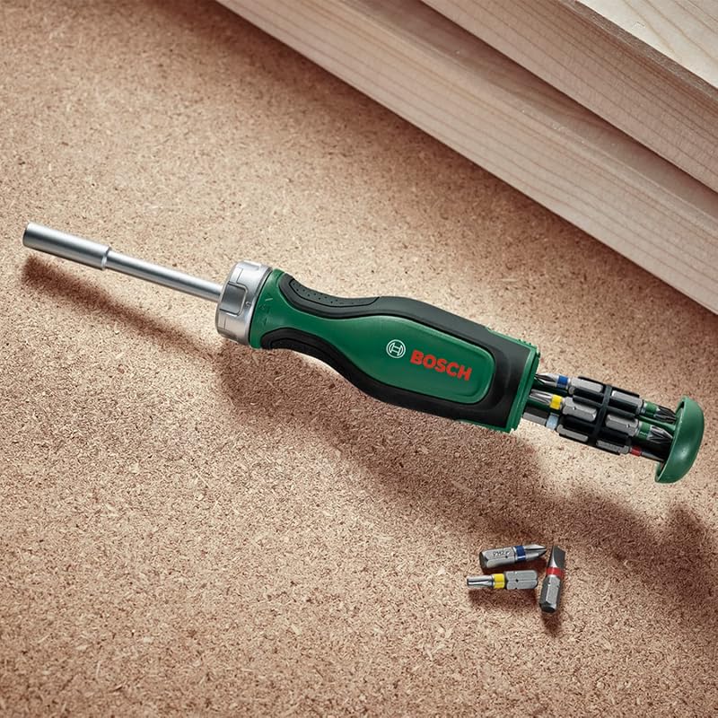 Chave de fenda de catraca para casa e jardim bosch, com 12 bits, alto torque para aparafusamento eficiente, intensidade ideal, reservatório de broca pop-up, suporte de broca magnético