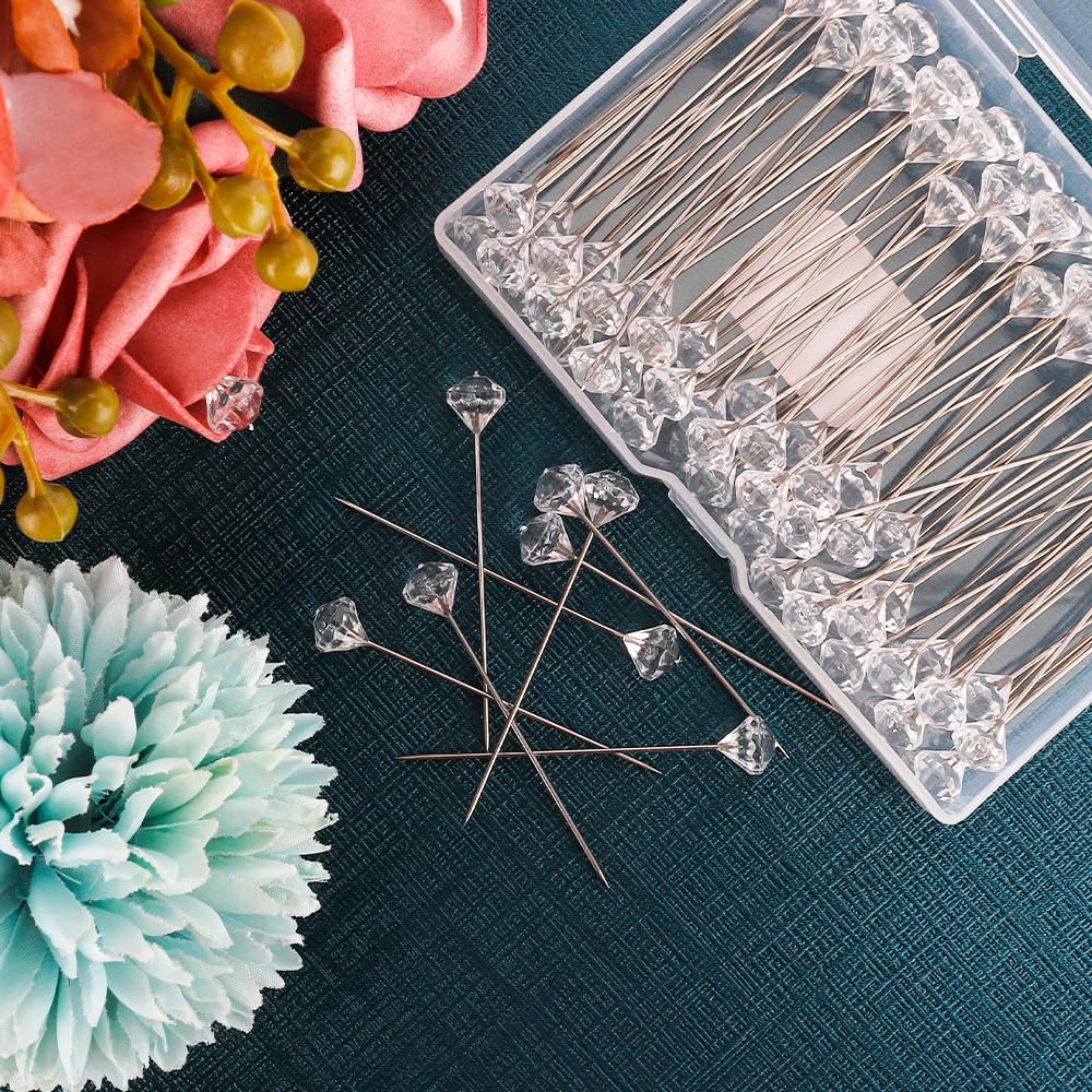 100pcs Diamond Pins for Bouquets, 2.1 Inch Floral Pins,Corsage Pins,Boutonniere Pins, Straight Pins Sewing for Crafts, Pins for Flowers, Flower Pins, Flower Bouquet Accessories, Floral Supplies