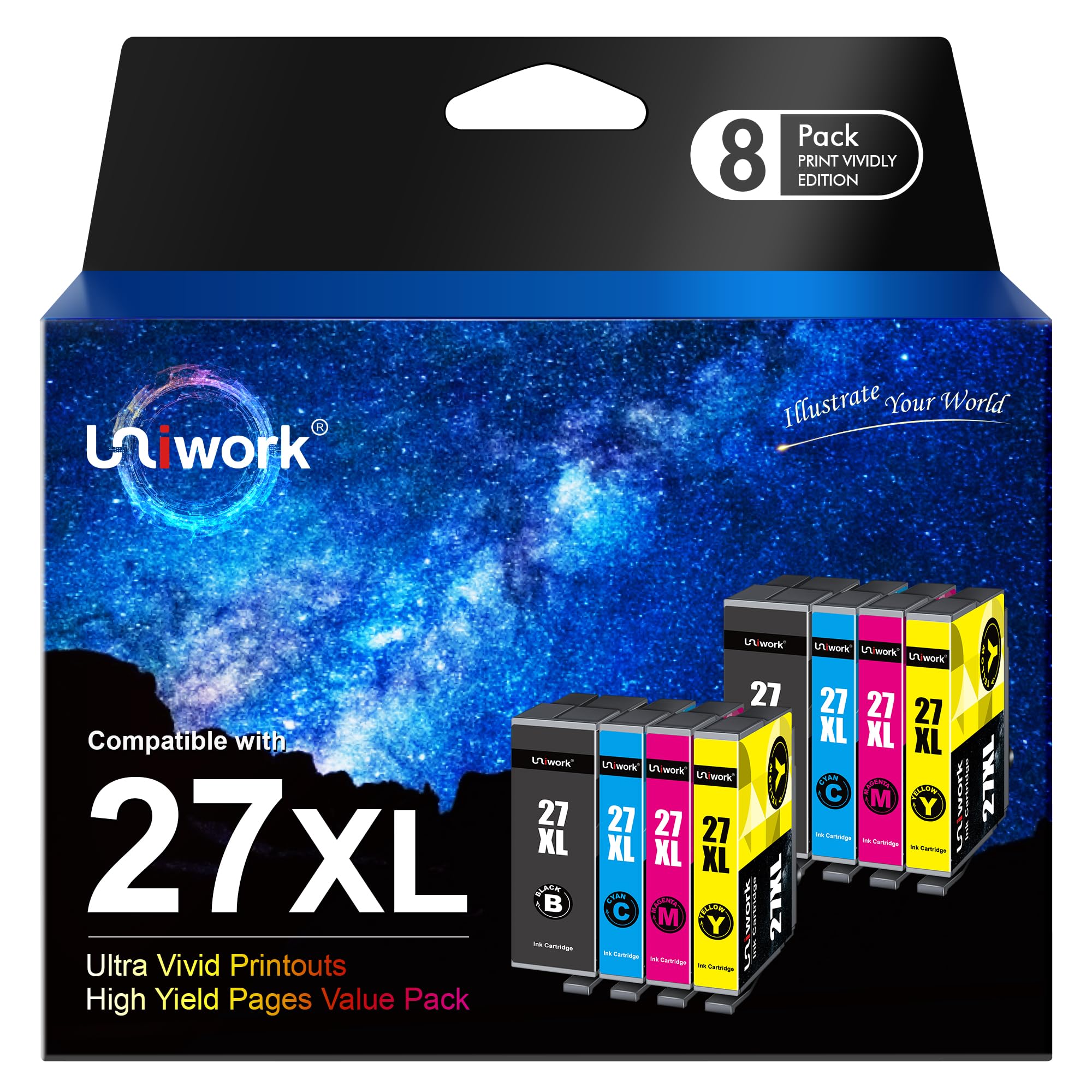 Uniwork 27XL Multipack Printer Cartridges Compatible for Epson 27 XL Workforce WF-3620 WF-3640 WF-7110 WF-7210 WF-7610 WF-7620 WF-7710 WF-7715 WF-7720 (8-pack), packaging may vary