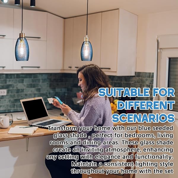 TEENYYOU 2 SET OVAL GLASS LAMP SHADE 7.5″ HIGH X 4.7″ DIAMETER GLASS PENDANT LAMPSHADE COMPATIBLE WITH E26 LIGHT FIXTURES LAMPSHADE REPLACEMENT FOR KITCHEN ISLAND CEILING PENDANT (DARK BLUE SEEDS)