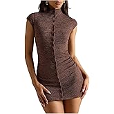 OYOANGLE Women's Cap Sleeve Button Up Short Knit Dress Mock Neck Ruched Bodycon Dresses