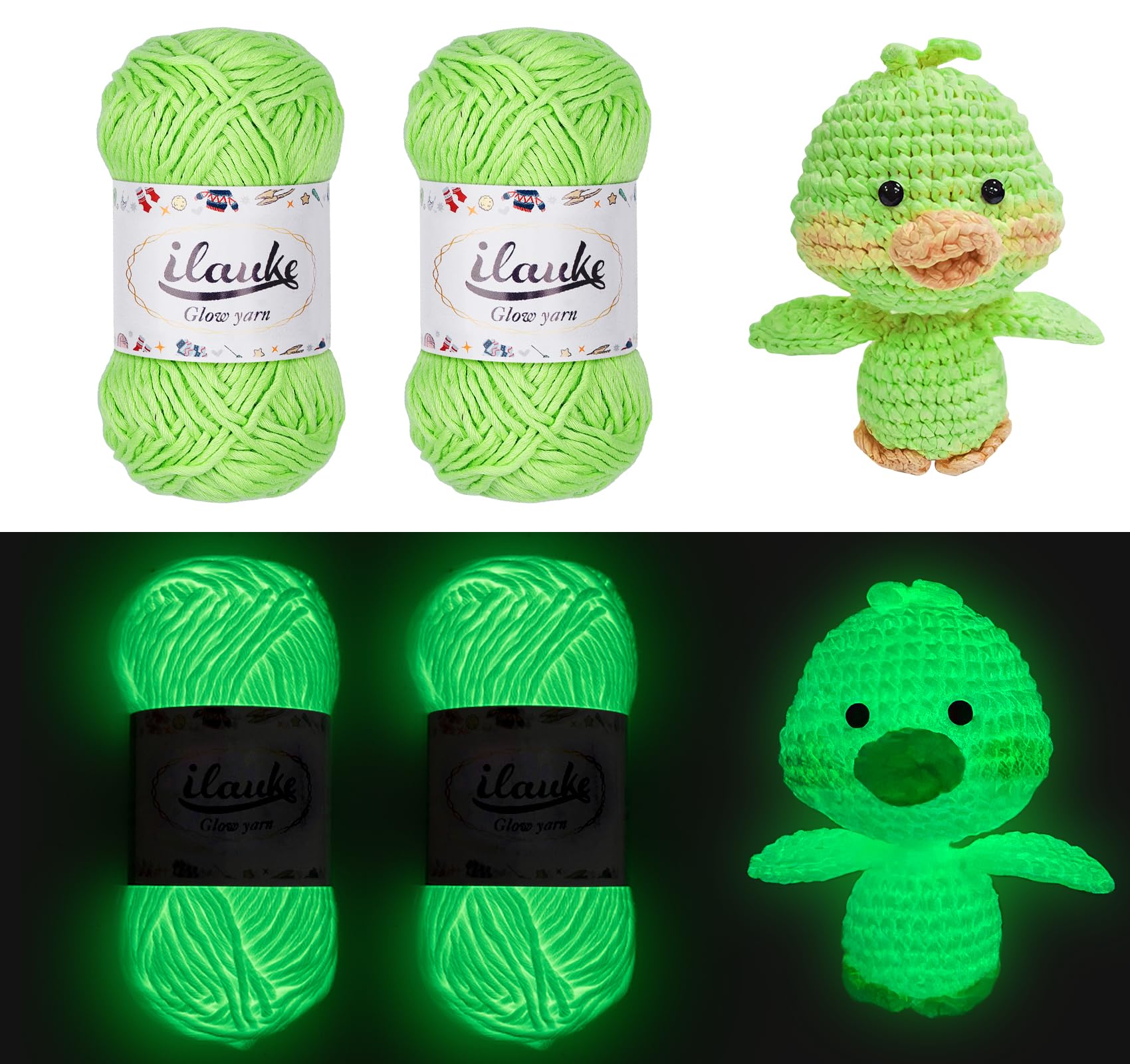 ilauke Glow in The Dark Crochet Yarn 2x50g, Polyester Knitting Yarn for Crocheting, Suitable for Easter Halloween Christmas Handcraft DIY Projects Blankets Clothes, Green