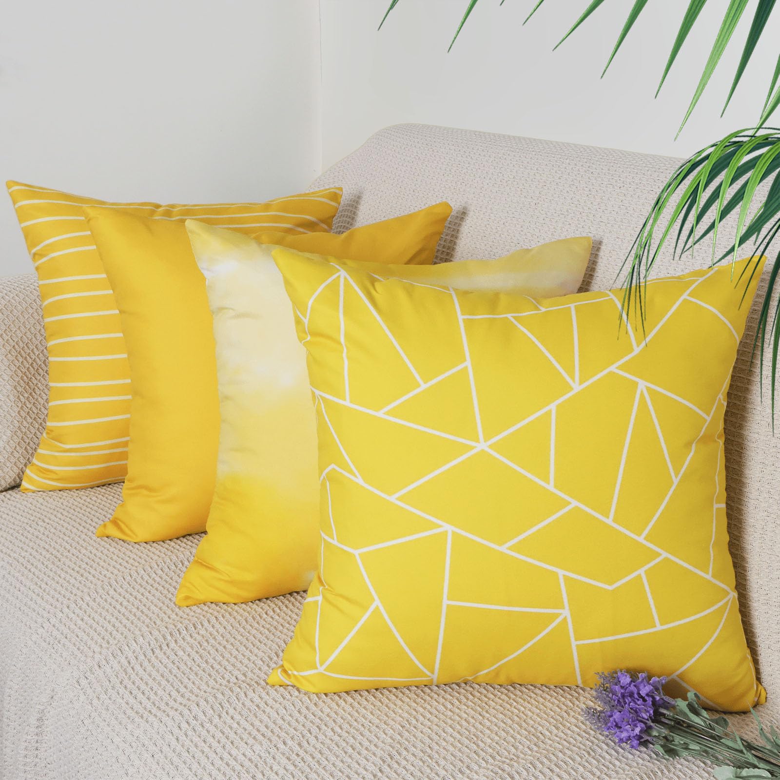 Betadistor Yellow Cushion Covers Pack 4 Throw Pillow Case Geometric or Plain Design Soft Cushion Cover for Home Decorative Couch Sofa 45x45cm, Yellow, 507-0131