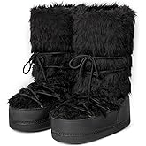 QLR Women's Faux Fur Boots Furry Snow Boots for Women Mid Calf Winter Boot Black White Fluffy Boot Fuzzy Shoes