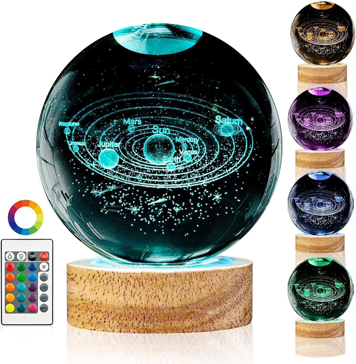 3.15in 3D Solar System Crystal Ball Night Light 16 Colors Remote Control Planet Crystal Ball Night Light with Wooden Base Snow Globe Glass Laser Engraved Gift for Women Kids Friends Family