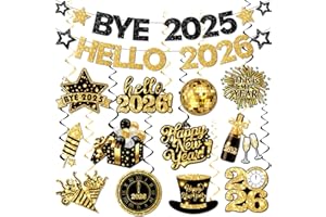 HAKOTI Happy New Year Decorations, Glitter Gold New Year’s Eve Decorations includes Bye 2025 Hello 2026 Banner and New Years Hanging Decorations, New Years Swirls for News Years Eve Party Decorations
