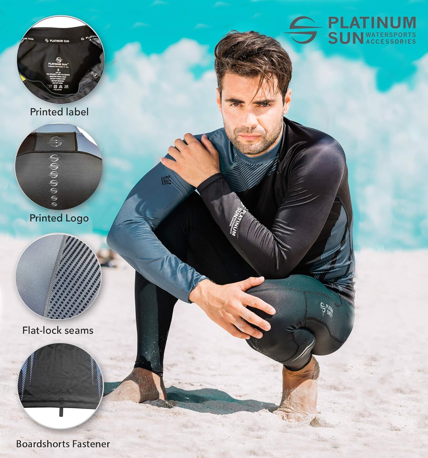 Mens Rash Guard Long Sleeve Surf Shirt Swimsuit - Quick Dry Sun Protection Clothing UPF 50+: Clothing
