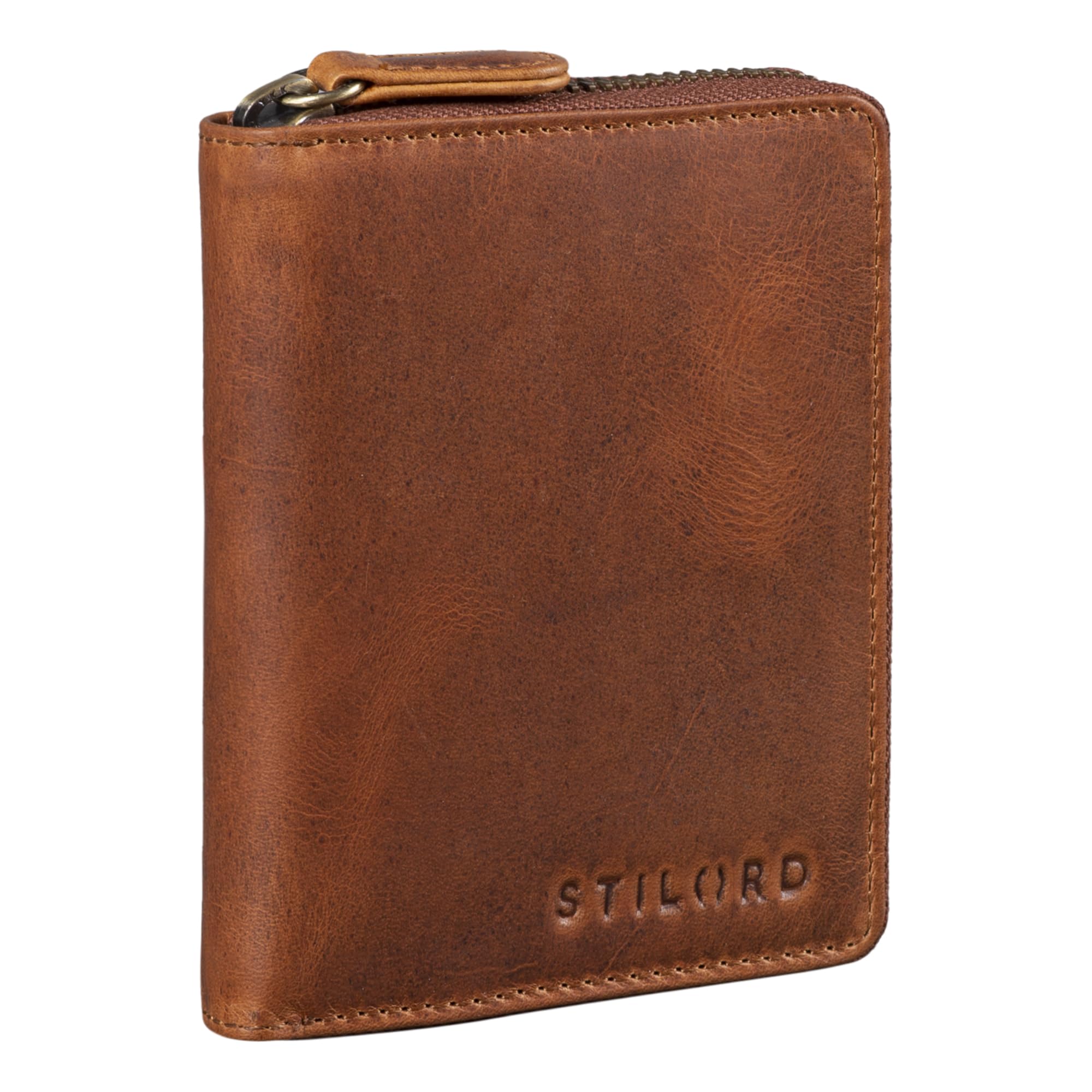 STILORD "Giannis" Small Leather Wallet for Men – RFID Protection Mini Purse – Vintage Bifold Wallet with Zipper, ID Window & Gift Box Colour:Kara - Cognac