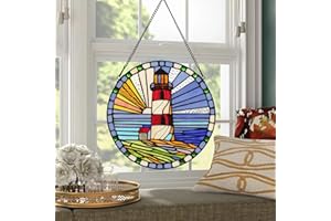 YOURANJU Lighthouse Stained Glass Window Hanging 12" Round Tiffany Style Handmade Window Panel Housewarming Gift Suitable for Living Room Bedroom Kitchen Window Decoration Hangings with Chain