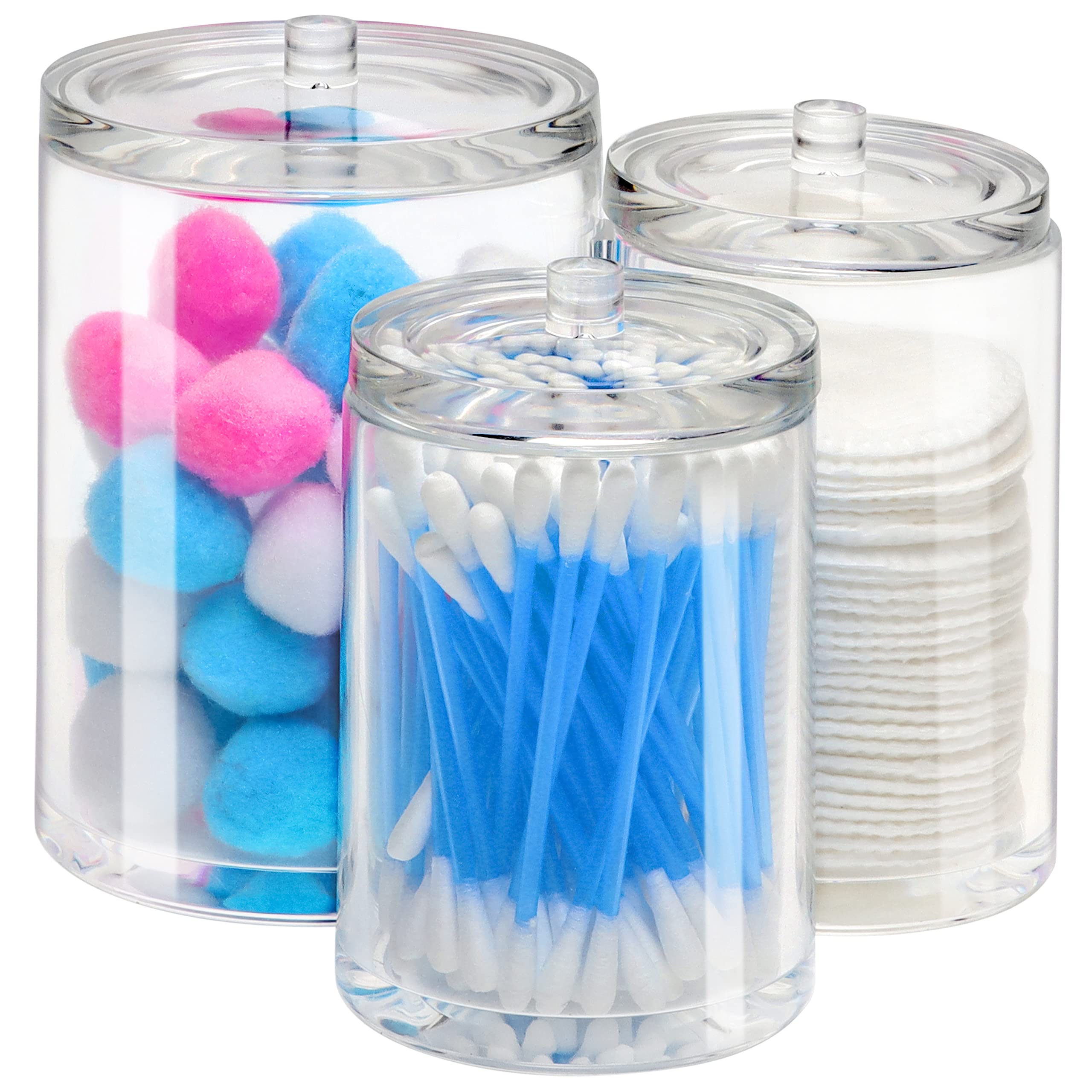 Kovira Qtip Holder Dispenser for Cotton Ball - 3 Joint Compartment Plastic Apothecary Jars for Bathroom Canisters, Vanity Makeup Organizer - Dispenser for Cosmetic, Makeup, Cotton Swabs & Rounds, Buds