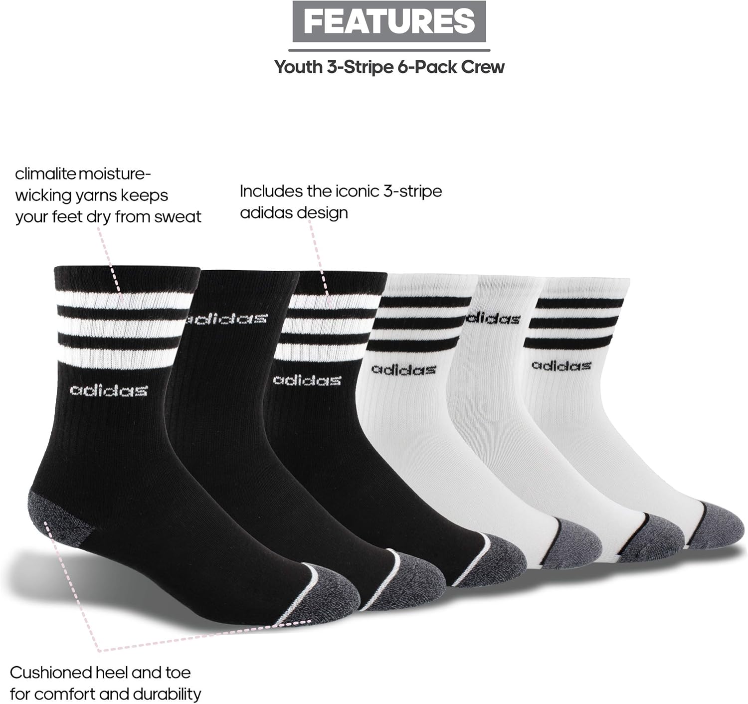 adidas Youth Kids-Boy's/Girl's 3-Stripes Crew Socks (6-Pair): Clothing