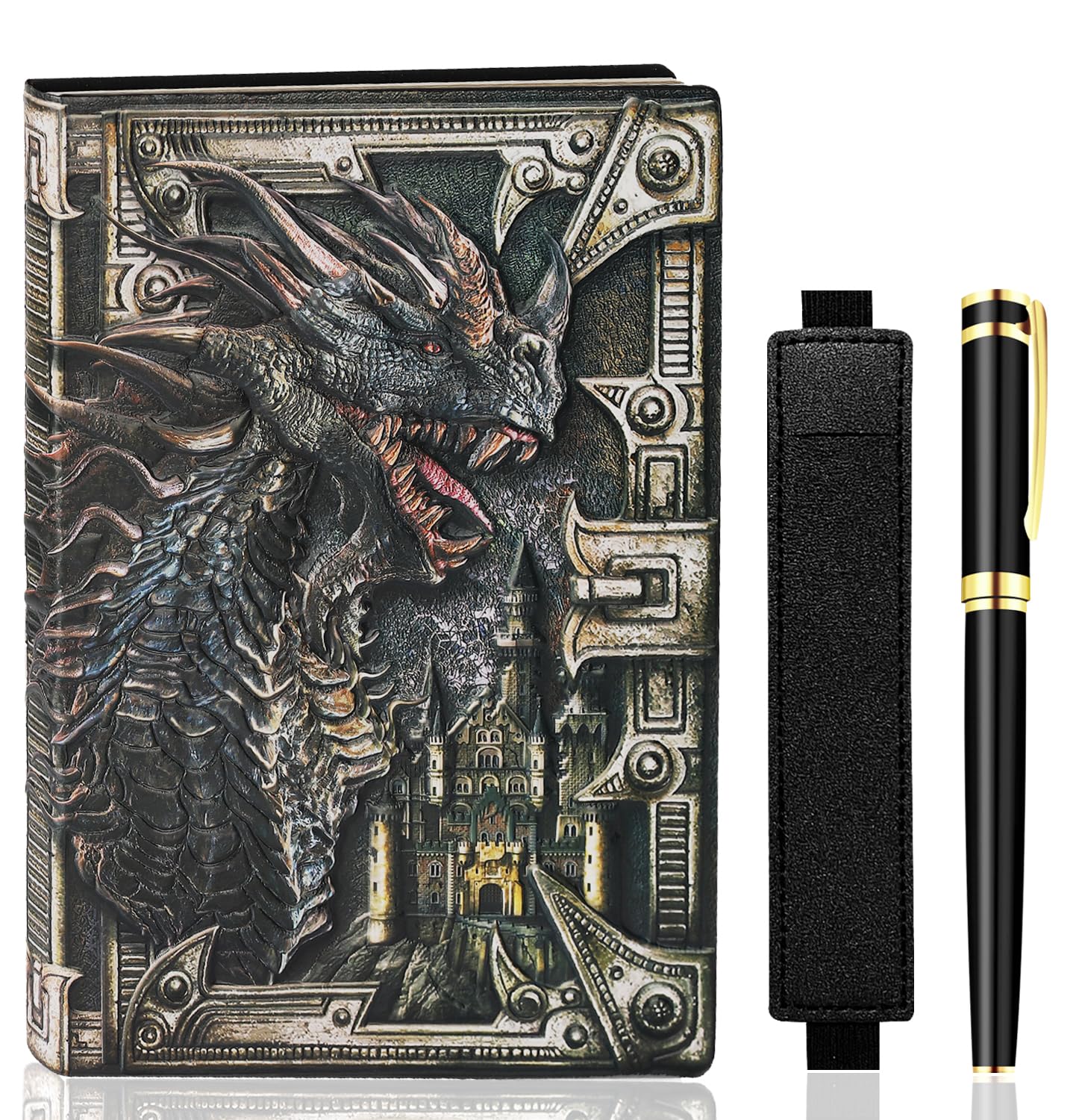 LISGO Vintage Dragon Embossed Leather DND Notebook Travel Journal with Ballpoint Pen and Pen Sleeve Antique Handmade A5 Journal, Notebook Gift for Men Women
