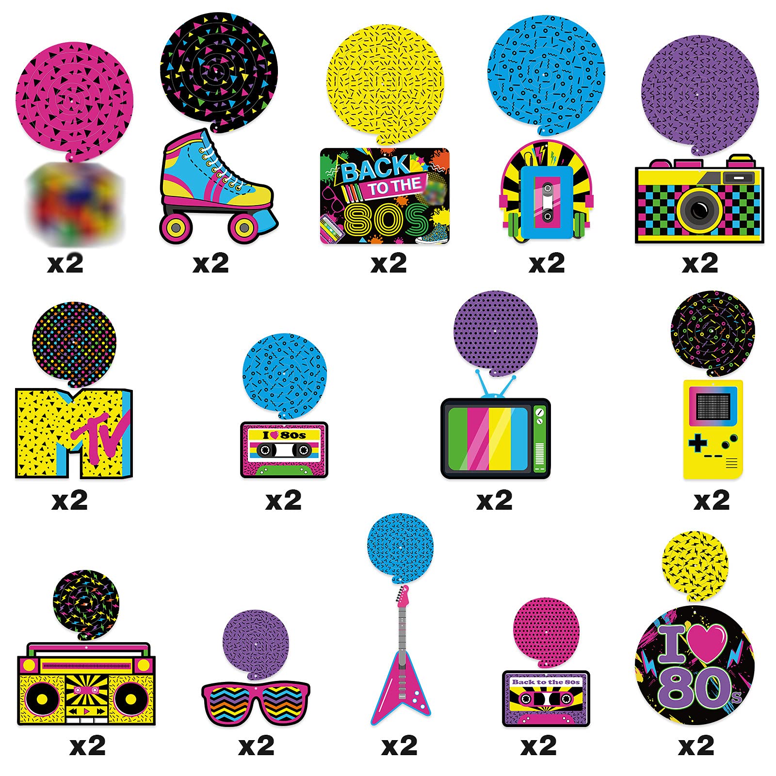 Bessmoso 28PCS 80s Party Decorations – Retro Hanging Swirls & Ceiling Streamers for 1980s Throwback Birthday, Neon Back to The 80’s Party Supplies