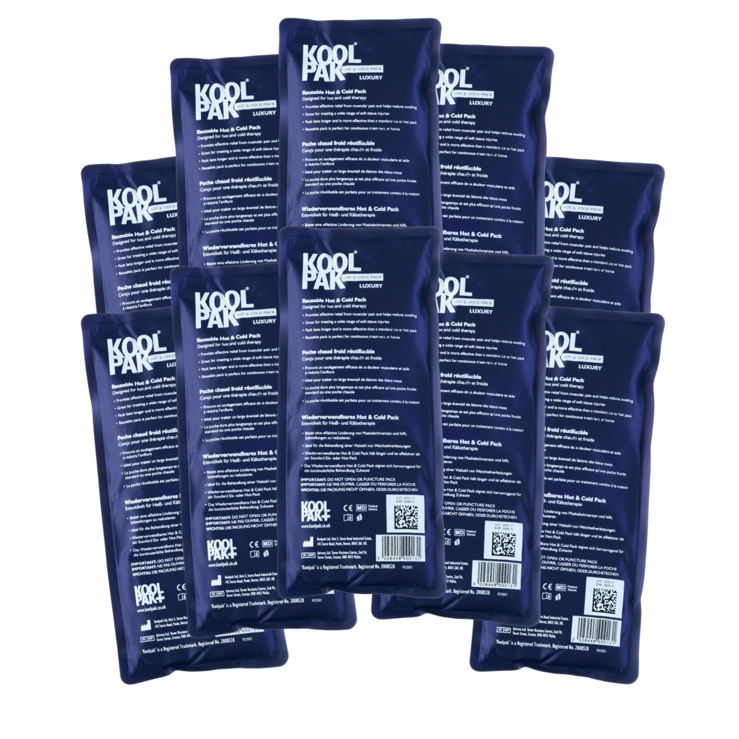 Koolpak Hot and Cold Gel Packs Reusable - 12cm x 29cm Microwaveable Heat Pack for Pain Relief - Long-Lasting Therapy with Soft Nylon Cover - Flexible Design for Stomach, Back, Neck & Legs (Pack of 10)