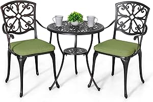 NUU GARDEN 3-Piece Outdoor Bistro Set with Cushions, Round 24 Inch Cast Aluminum Round Table with 1.77" Umbrella Hole and 2 Cast Aluminum Armchairs with Cushions, Black with Gold-Painted Edge