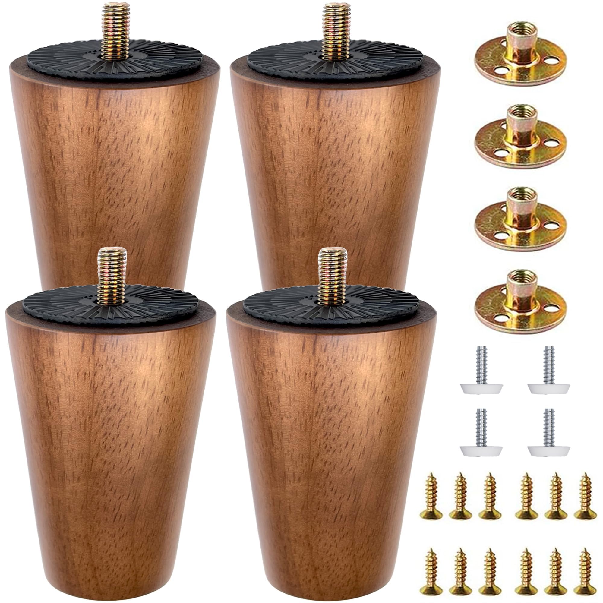 Photo 1 of Yummy love 4-Pack 4-Inch Solid Hardwood Furniture Legs, Mid-Century Style with Golden Metal Caps - Walnut Finish, Perfect for Couches, Dressers, Chairs, and Cabinets