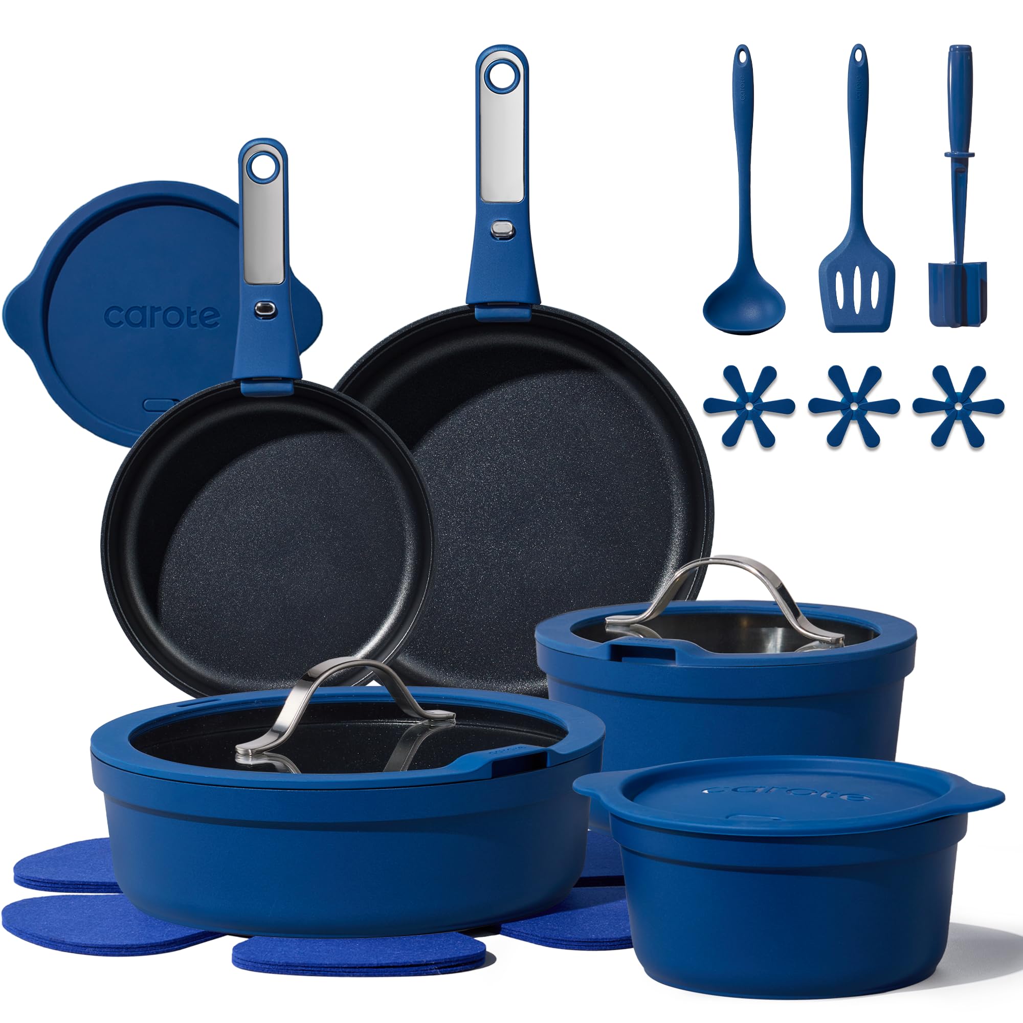 CAROTE 21pcs Pots and Pans Set Non Stick, Nonstick Cookware Set, Dishwasher/Oven/Fridge Safe Pots and Pans, Removable Handle RV Oven Safe Cookware, Induction Kitchen Set, Blue Image