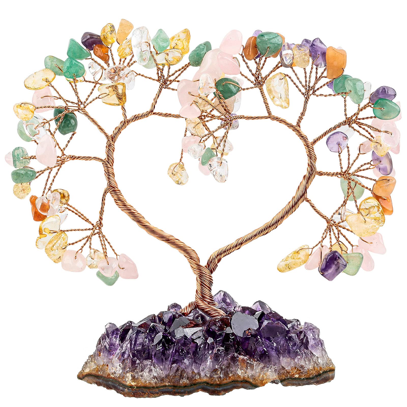 Nupuyai 7 Chakra Crystal Tree with Amethyst Cluster Base, Love Heart Money Tree Figurines Fengshui Ornament for Home Office Wedding Decoration