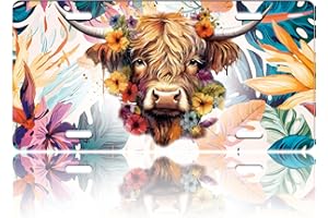 TINALUIN Highland Cow License Plate Cow Stainless Steel Front License Plate Vanity Tag Funny for Car Decorative Accessories for Women Men 6 X 12 Inch with 4 Holes