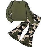 Doumlop Toddler Girl Clothes Camo Girls Outfits Ruffle Sleeve Tops + Bell Bottom Flared Pants 2 Piece Winter Sweatsuit 2-10T