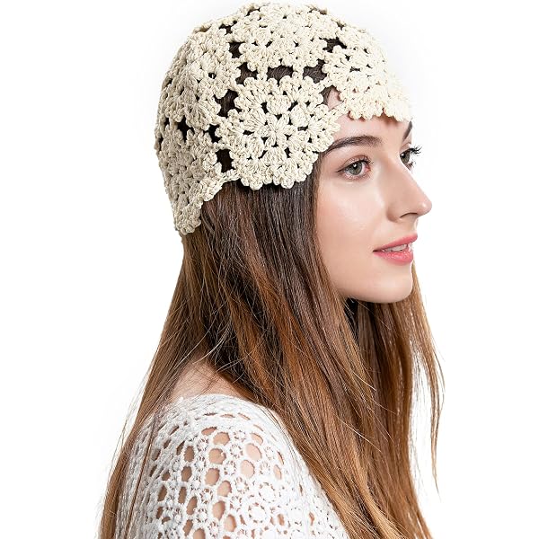 Handmade Crochet Cutout Floral Beanie Hat, Cotton, Hollow Skull Cap ALLDECOR Handmade Knit Cutout Floral Beanie Hat for Women  main image 2