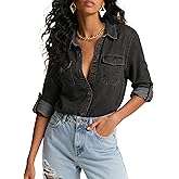 Denim Shirts Women Chambray Blouse Long Sleeve Button Down Jean Shirt Lightweight Blouses Western Work Tops with Pockets