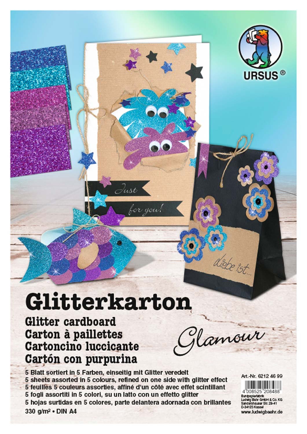 Ursus Glamour Glitter Card DIN A4 330 g/m² 5 Sheets Assorted in 5 Colours, Multicoloured