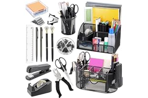 FROIDESENTE 17 in 1 Black Desk Organizers and Accessories Set, 3 Office Desk Supplies Storage Organization, 4 Pens, Stapler, Staples & Remover, Tape & Dispenser, Scissors, Ruler, Clips, Hole Punch, Back to School