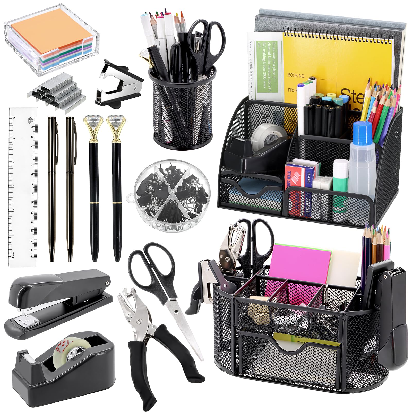 Photo 1 of 17 in 1 Black Desk Organizers and Accessories Set, 3 Office Desk Supplies Storage Organization, 4 Pens, Stapler, Staples & Remover, Tape & Dispenser, Scissors, Ruler, Clips, Hole Punch, Back to School