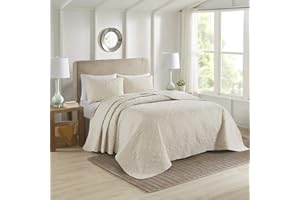 510 DESIGN Oakley Reversible Quilt Set - Luxe Stitching Design, All Season, Lightweight Coverlet Bedspread Bedding, Matching Shams, Oversized Full/Queen(102"x118"), Medallion Cream 3 Piece