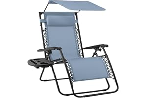 Best Choice Products Folding Zero Gravity Outdoor Recliner Patio Lounge Chair w/Adjustable Canopy Shade, Headrest, Side Accessory Tray, Textilene Mesh - Dusty Blue
