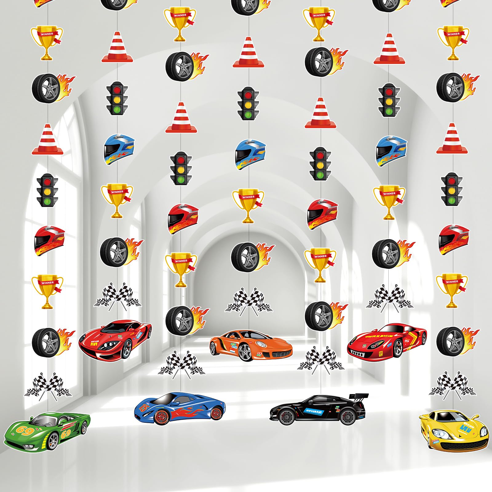 View 1 of Faccito Race Car Party Decorations Checkered Flags Paper Banner Two Fast Birthday Decor