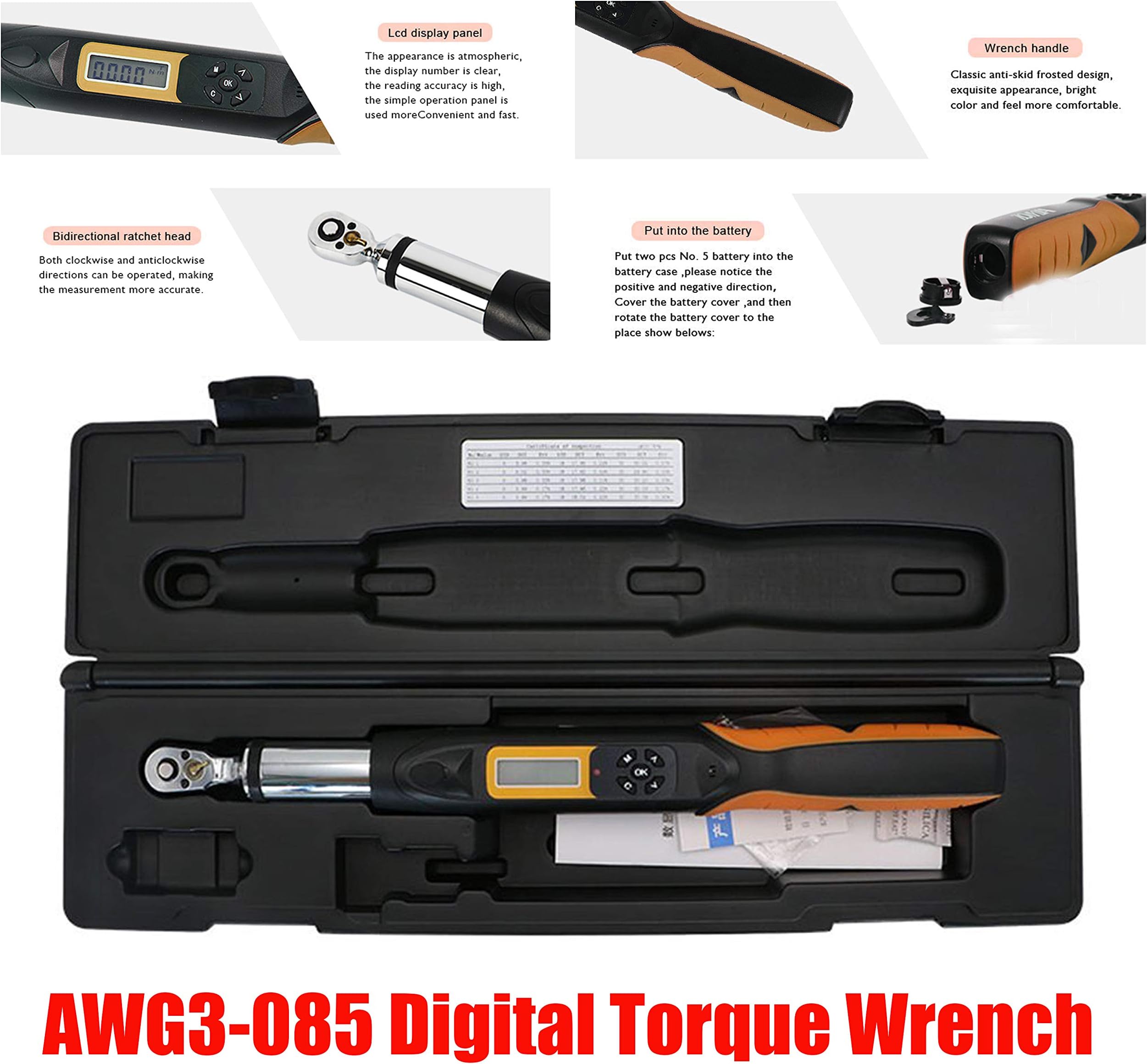 HFBTE AWG3-085 Digital 3/8 Torque Wrench 85N.m with Bidirectional Ratchet Head Electronic Wrench N.m in.lb ft.lb kgf.cm Switch Orange