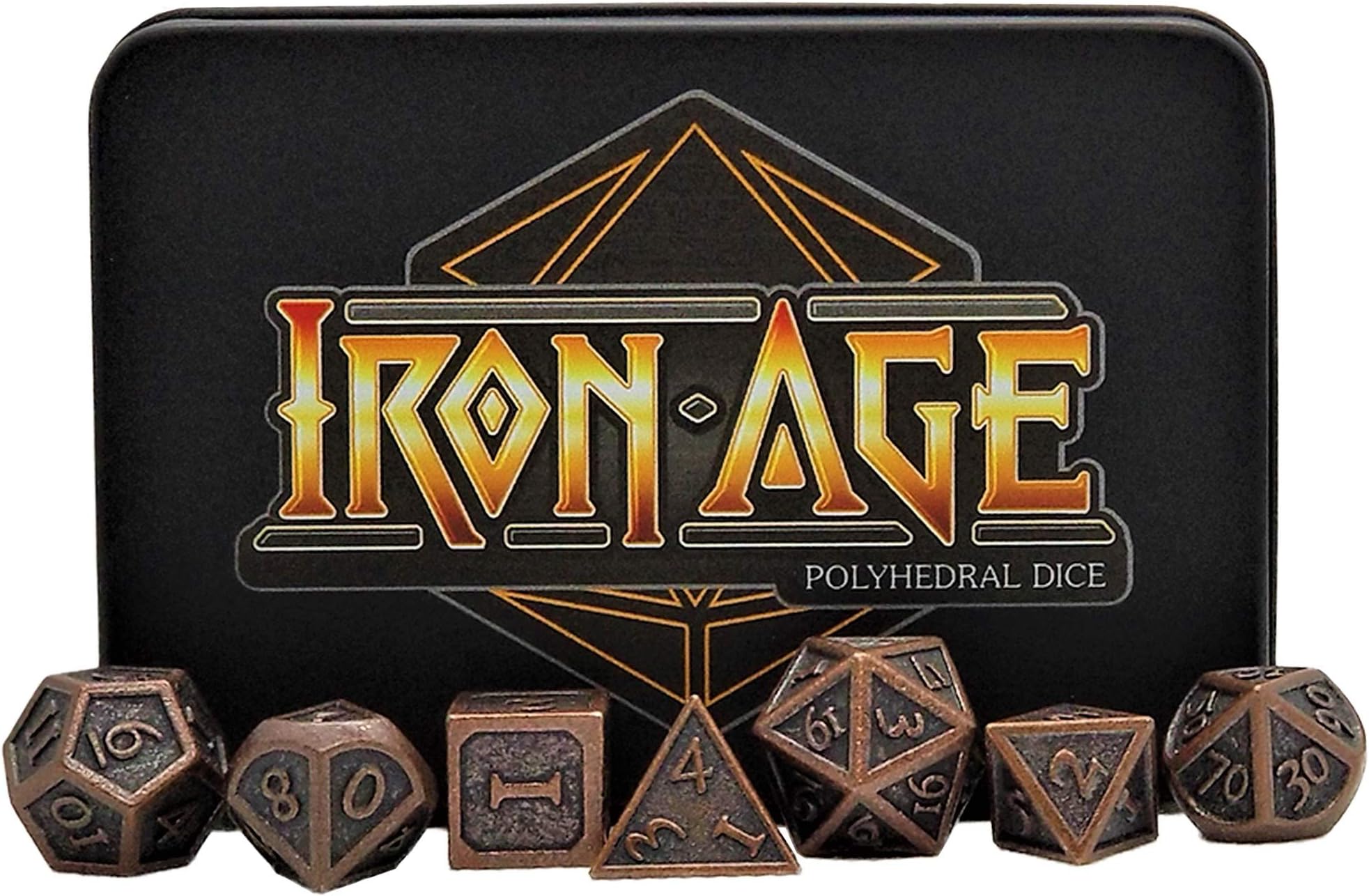 Iron Age Dice - Polyhedral Metal Dice Set with Metal Dice Case and Dice Bag for Table Games DND (Dungeons and Dragons) RPG and MTG