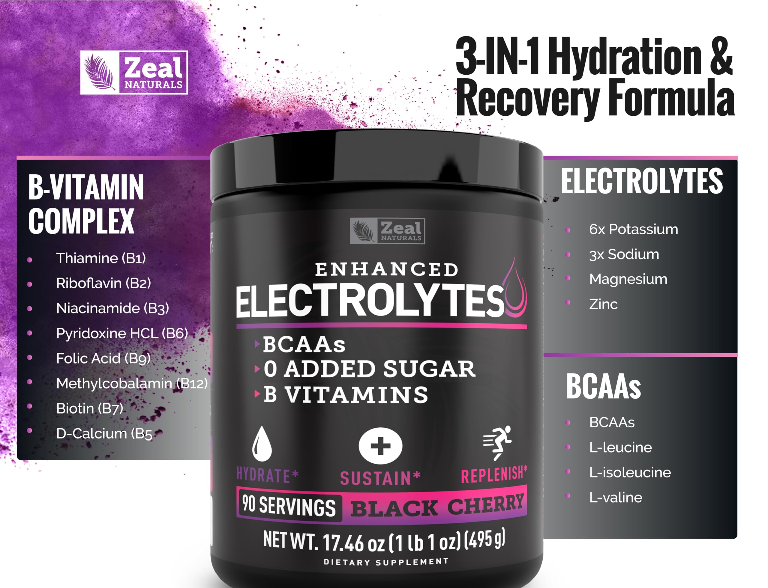 Zeal Naturals Electrolyte Powder Recovery Drink (90 Servings | Black Cherry) w/ 0 Sugar +BCAAs +B-Vitamins Electrolyte Supplement w Potassium Zinc & Magnesium for Hydration - Keto Electrolytes