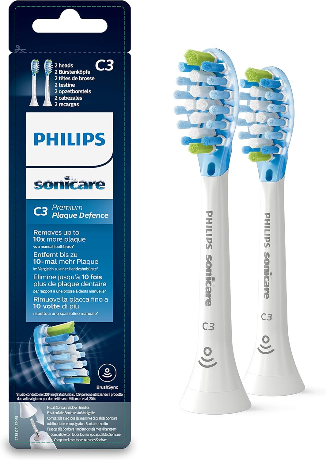 Philips Sonicare Premium Plaque Defence BrushSync Enabled Replacement Brush Heads, 2pk, White - HX9042/17