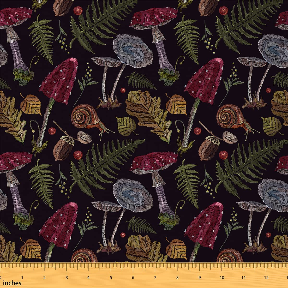 Wild Mushroom Fabric by The Yard,Farmhouse Cabin Style Upholstery Fabric for Chairs,Jungle Snail Leaves Print Waterproof Outdoor Fabric,1 Yard,Red Green — image 1