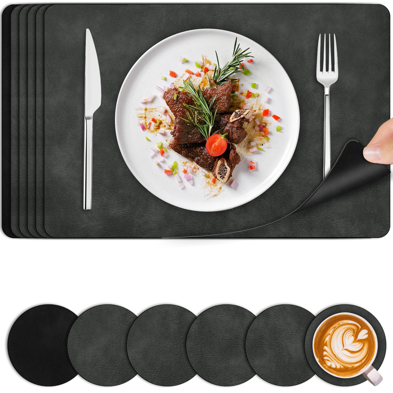 Placemats and Coasters Set of 6 - PU Faux Leather Heat Resistant Washable Table Mats - Non-Slip Waterproof Dual-Sided Place Mats for Kitchen Dining Outdoor Home Decoration - 44.5 x 30 cm (Grey Black)