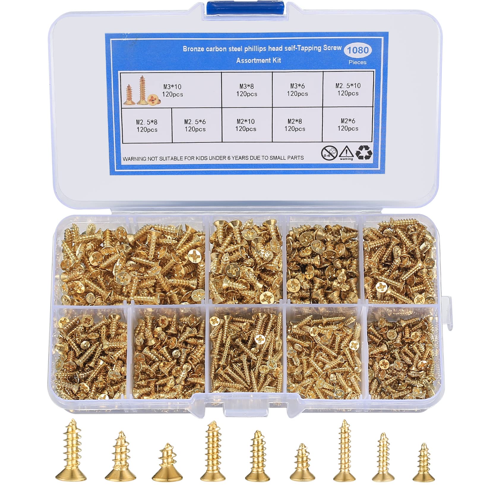 1080 Pcs Small Wood Screws Assortment Kit, M2/M2.5/M3 Cross Head Self Tapping Screws, 6/8/10mm Tiny Flat Head Self Drilling Screws Set for Wood, Gold (Gold)