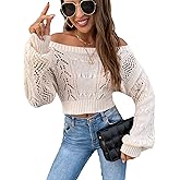 Floerns Women's Off Shoulder Bishop Long Sleeve Pointelle Knit Sweater Crop Top