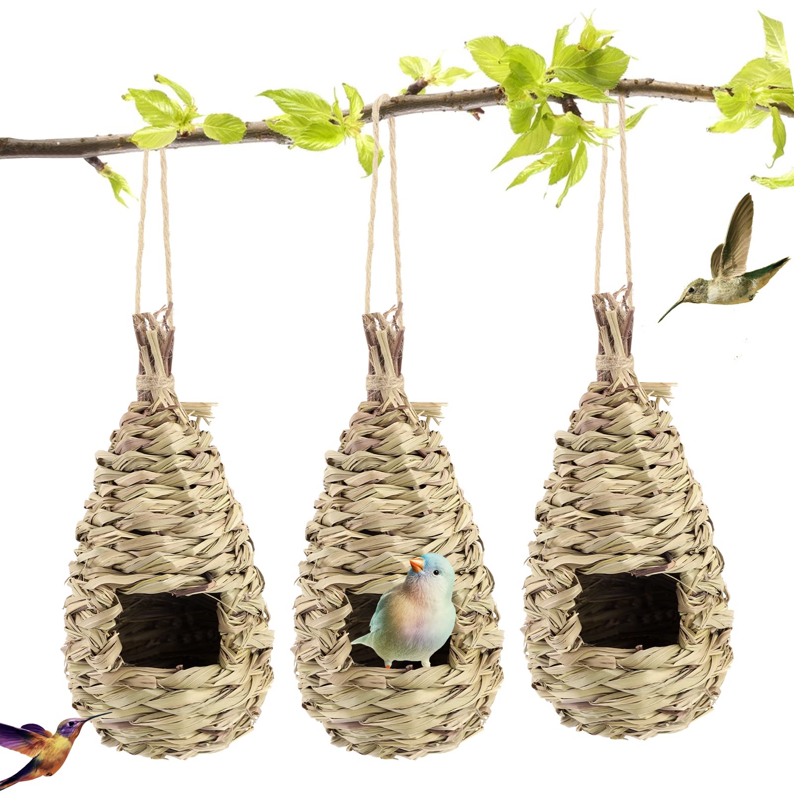 3 Pcs Bird Nest,Hummingbird House for Outside Hanging,Roosting Pouches for Birds,Grass Hanging Wren Finch Song Birds House for Nesting,Hand Woven Bird Nesting Boxes,for Garden Decoration,24x10.5 cm