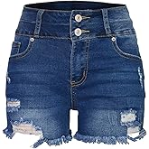 Aodrusa Jean Shorts Womens High Waisted Stretchy Mom Two Buttons Frayed Raw Hem Ripped Denim Shorts Distressed