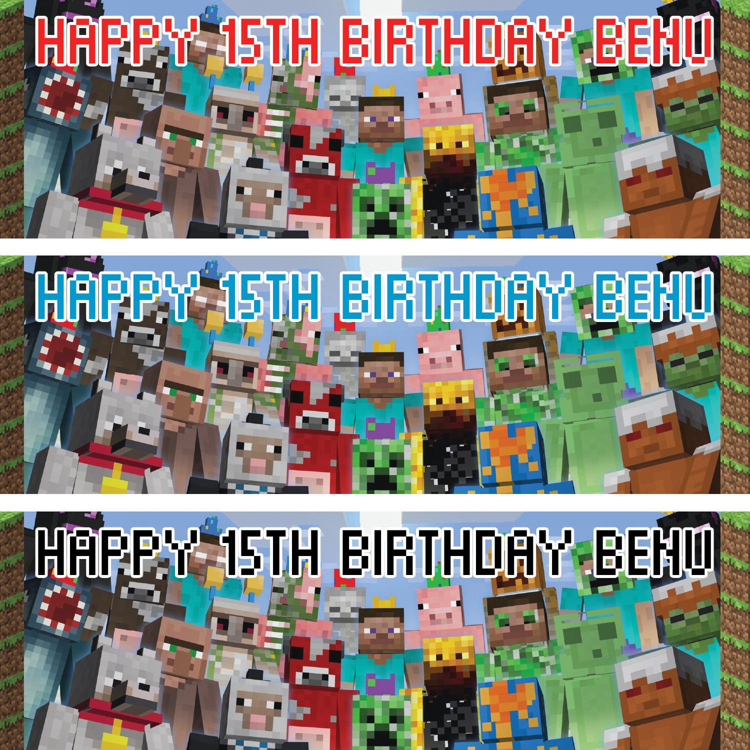 2x Personalised Birthday Banner Children Kids Photo Minecraft