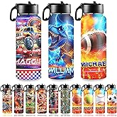 Personalized Water Bottle for Boys for School, Customized Kids Insulated Bottle with Name Picture, Stainless Steel Thermo with Straw, 18oz, Back to School Gift Basketball Soccer Baseball Pattern