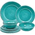ZAROCRUS Farmhouse Melamine Plates and Bowls Set, Set of 4 BPA Free 100% Melamine 12 Piece Vintage Dishes Dinnerware Sets,Dishwasher Safe, Teal