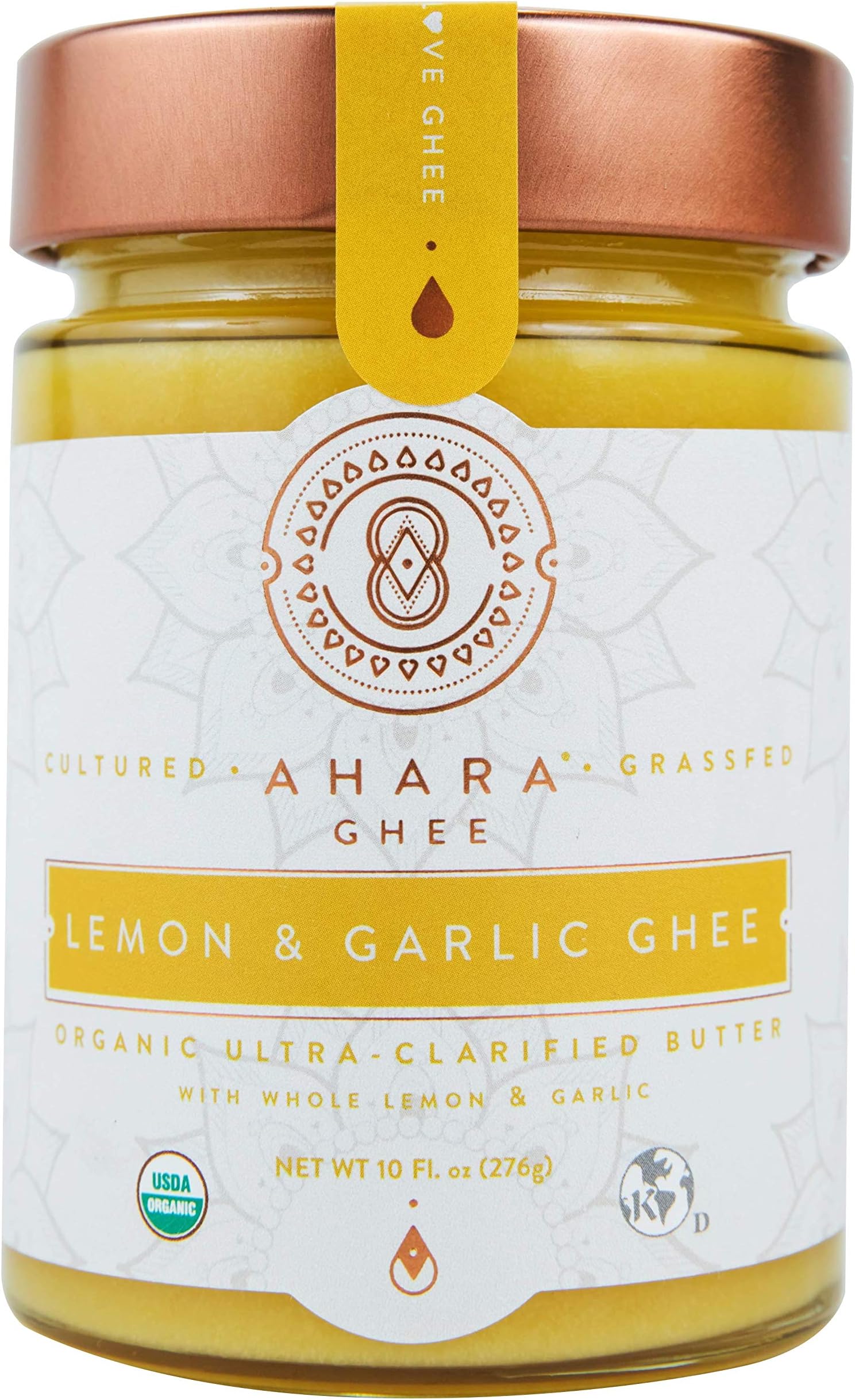 Ahara Rasa Lemon Garlic Organic Ghee 10oz, 100% Pure Grass Fed. Lactose & Casein Free USDA & Kosher Certified. No Salt, No GMOs. Made in USA