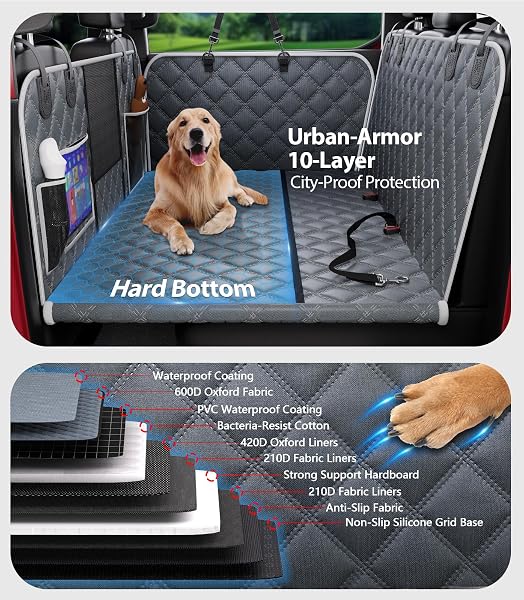 PETGENIE DOG CAR SEAT COVER FOR BACK SEAT 10-LAYER MILITARY-GRADE PROTECTION, HARD BOTTOM DOG HAMMOCK, PET BED EXTENDER FOR DOGS, WATERPROOF SEAT PROTECTOR UNIVERSAL L SIZE FITS FOR SUV MEDIUM TRUCK