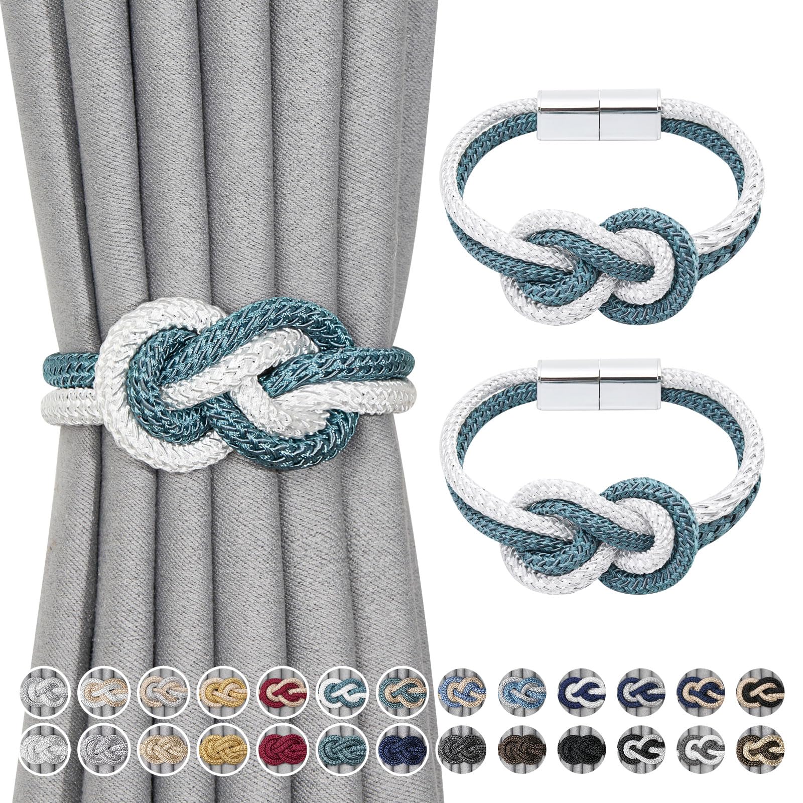 Pretty Jolly 2 Pack Mini Magnetic Curtain Tiebacks Nordic Simple Style Drape Tie Backs Elegant Hand Weave Rope Knot Decorative Curtain Holdbacks for Home & Office Window Drapery (Teal & White)